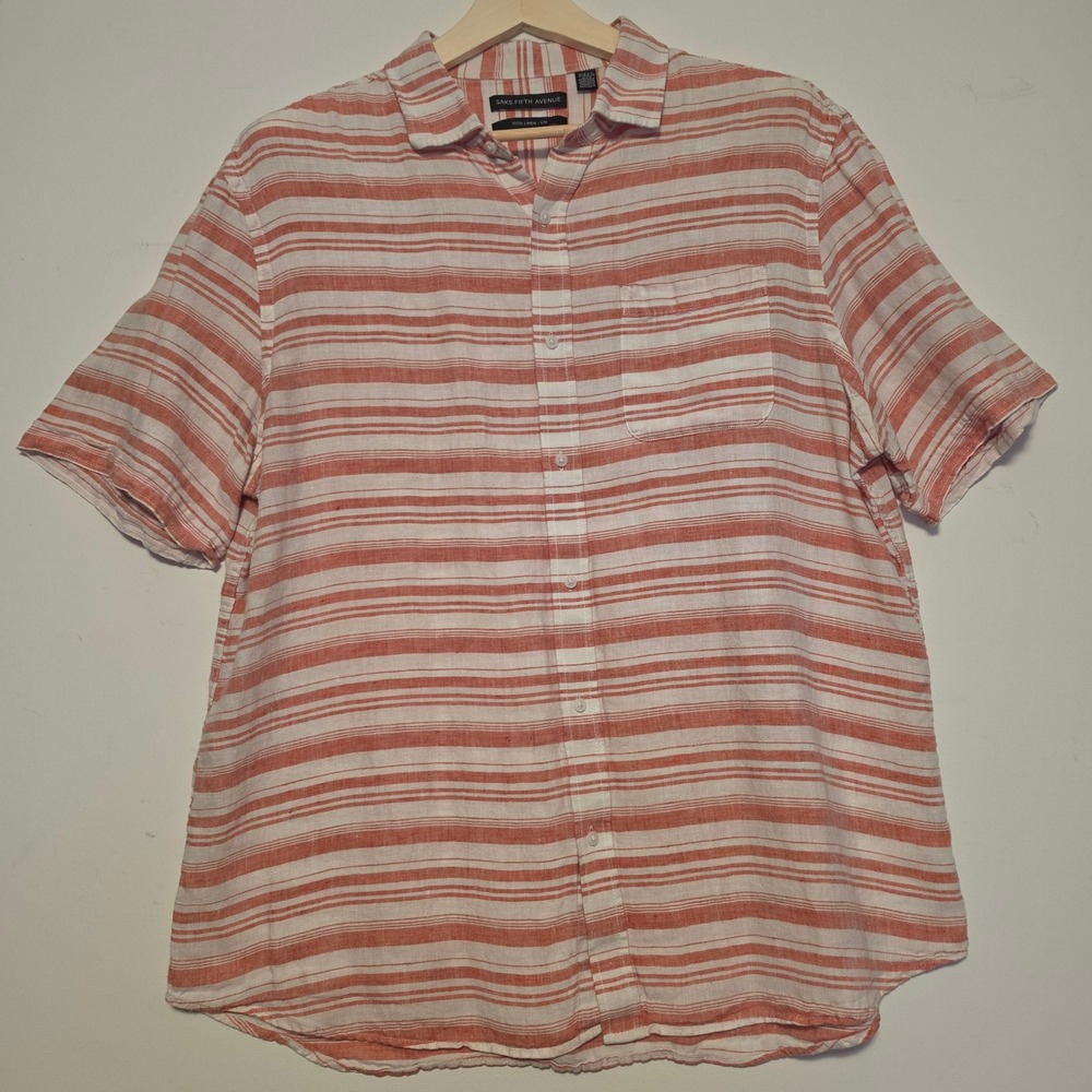 Saks Fifth Avenue Striped 100% Linen Short Sleeve Button Down Shirt Orange XL